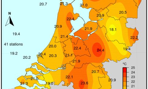 Figuur 7: minimumtemperatuur op 27 juli 2018 (gemeten over het tijdvak van 00-24 uur UT)