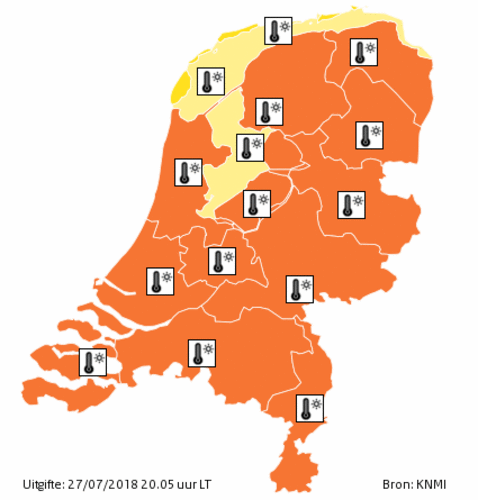 Figuur 9: Code oranje voor extreme hoge temperatuur in vrijwel het gehele land op 27 juli 2018