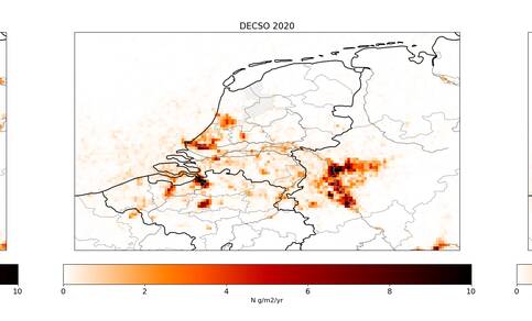 Drie kaarten met de ruimtelijke verdeling van berekende NO2 emissies op basis van Tropomi satellietmetingen in 2019, 2020 en 2021