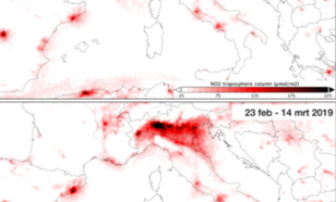 kaart met de concentraties NO2 in Italië in de periode 23 februari tot en met 14 maart in 2019 (onder) vergeleken met dezelfde periode in 2020 (boven).