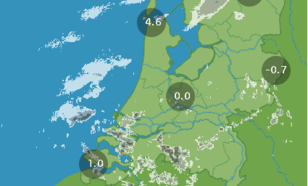 Figuur 2: Beeld neerslagradars. Over het zuidoosten is lichte buiige neerslag zichtbaar, in het noordwesten neerslag behorende bij het front.