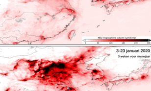 kaarten met de gemeten concentraties NO2 boven China in de drie weken voor (onder) en drie weken na (boven) het Chinese nieuwjaar.