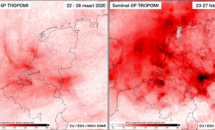 kaarten met NO2 metingen boven Nederland van 22-26 maart 2020 vergeleken met 23-27 februari 2019, een periode met vergelijkbare meteorologische omstandigheden.