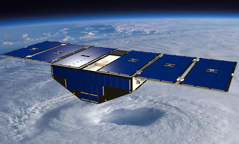 Artist's concept of one of the eight Cyclone Global Navigation Satellite System satellites deployed in space above a hurricane (from NASA's web page).