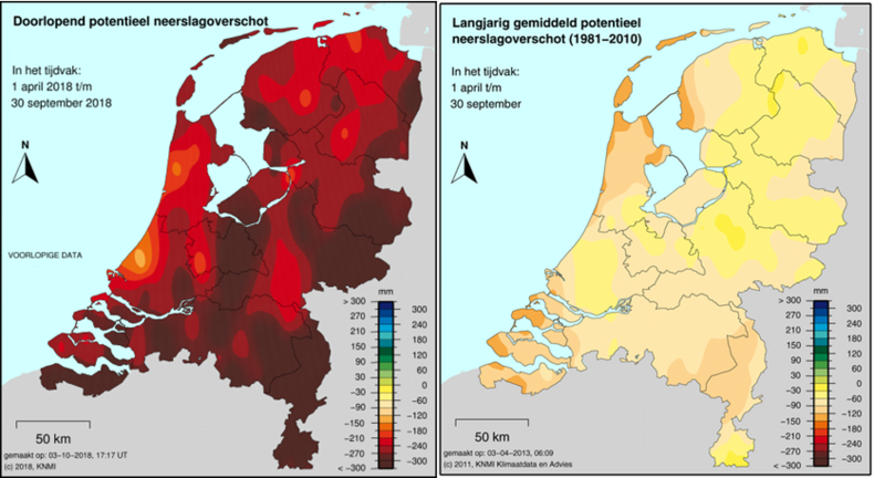 Figuur 1: Neerslagoverschot op 30 september in 2018 (links) en langjarig gemiddeld (rechts).