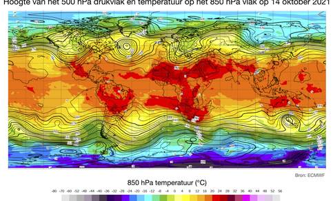 Hoogte van het 500 hPa drukvlak en temperatuur op het 850 hPa vlak op 14 oktober 2021