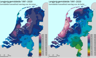 Landkaart van Nederland met daarop de verdeling van de gemiddelde neerslag over het land