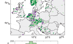 kaart met het verschil in de trend tussen de wintergemiddelde sneeuwdikte en de winter-maximum sneeuwdikte. Voor de groene stations is de afname in de maximum sneeuwdikte kleiner dan die in de gemiddelde sneeuwdikte