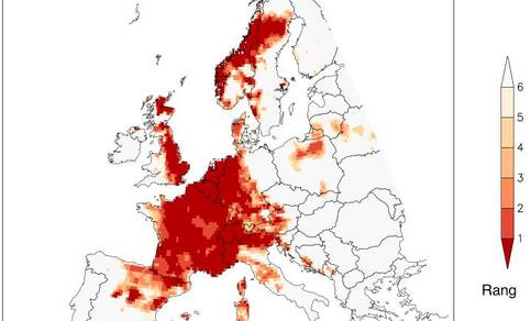 kaart met Rangorde van de hoogste drie-daags gemiddelde daggemiddelde temperatuur in Europa