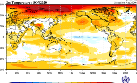 Figuur 2: Verwachte afwijking van de gemiddelde temperatuur op 2 meter tussen september en november 2020 ten opzichte van de referentieperiode 1993-2009.  Bron: ECMWF.