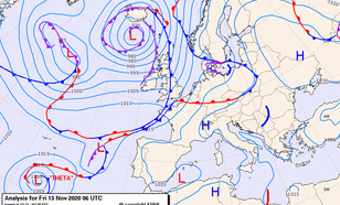 De weerkaart van vrijdag 13 november 2020 06 UTC met tropische storm Theta linksonder.