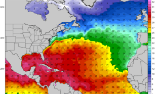 Figuur 2: zeewatertemperatuur in de Atlantische oceaan op 9 september. Een orkaan heeft een zeewatertemperatuur nodig van minstens 27 graden om te kunnen vormen en sterker te worden; een waarde die in een groot deel van de Atlantische oceaan bereikt wordt