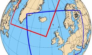 Het nieuwe weermodel die de interessegebieden van de vier landen bestrijken. Een rood gebied toont het gebied van IJsland en Groenland, het blauwe gebied toont het gebied van Ierland, Denemarken, IJsland en Nederland