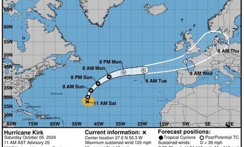 oude kaart van 5 oktober 2024 met de baan die storm Kirk aflegt richting Europa