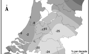 Figuur 3: trend in het aantal stormen (%/10jaar) die gemiddeld twee keer per jaar voorkomen, 1962–2002. Bron: Smits et al, Int. J. Climatolog., 2005